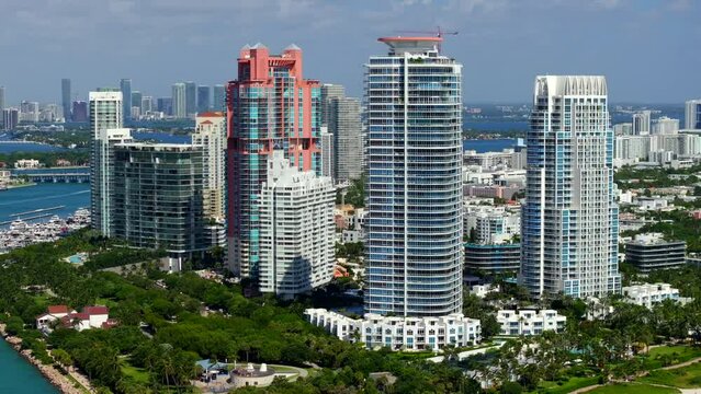 Stock video highrise condominiums in Miami Beach 4k drone circa 2023