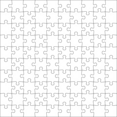 Puzzles grid template 10x10. Jigsaw puzzle pieces, thinking game and jigsaws detail frame design. Business assemble metaphor or puzzles game challenge vector.