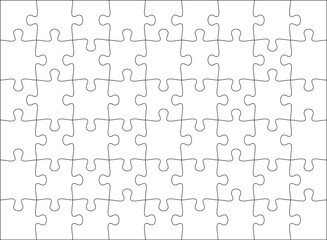 Puzzles grid template 9x6. Jigsaw puzzle pieces, thinking game and jigsaws detail frame design. Business assemble metaphor or puzzles game challenge vector.