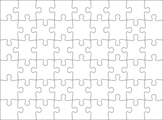 Puzzles grid template 9x6. Jigsaw puzzle pieces, thinking game and jigsaws detail frame design. Business assemble metaphor or puzzles game challenge vector.