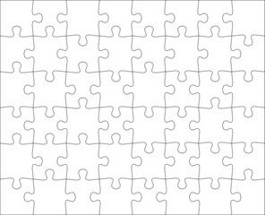 Puzzles grid template 8x6. Jigsaw puzzle pieces, thinking game and jigsaws detail frame design. Business assemble metaphor or puzzles game challenge vector.