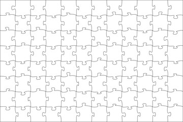 Puzzles grid template 12x8. Jigsaw puzzle pieces, thinking game and jigsaws detail frame design. Business assemble metaphor or puzzles game challenge vector.