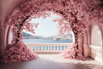 Beautiful Pink flowers arch on blue sea background, wedding set up
