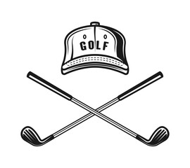 Golf cap and two crossed golf clubs vector monochrome style illustration on graphic objects isolated on white background