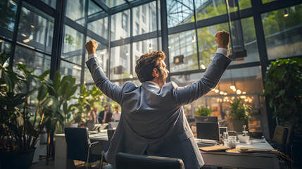 Successful businessman raising his arms in sign of happiness and success in an office with an echoing atmosphere. Concept of success in business and life. Company celebration. Generative ai - obrazy, fototapety, plakaty