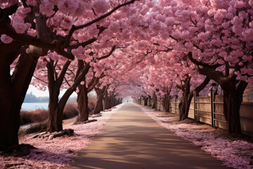 Pink cherry sakura blooming trees alley in spring park