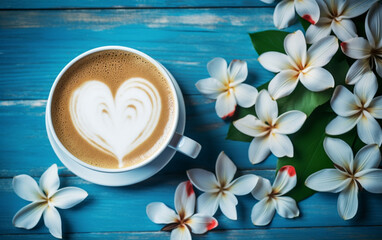Cup of cappuccino coffee, lily flower, heart and inscription Good morning on blue wooden background. Concept - morning of newlyw (103)