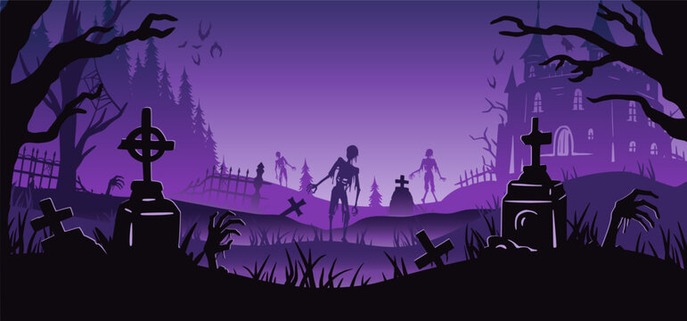 Halloween background with zombie and skeleton hand, cemetery and castle for holiday poster. Creepy and mystical background with cross, grave, tombstone and dead man for dark fear october design