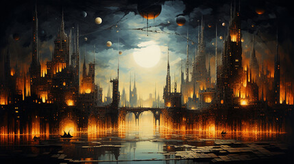 painting city with genius mind content strange buildings glowing monuments
