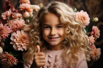 Blonde girl showing thumb up on pink  dahlia flowers background