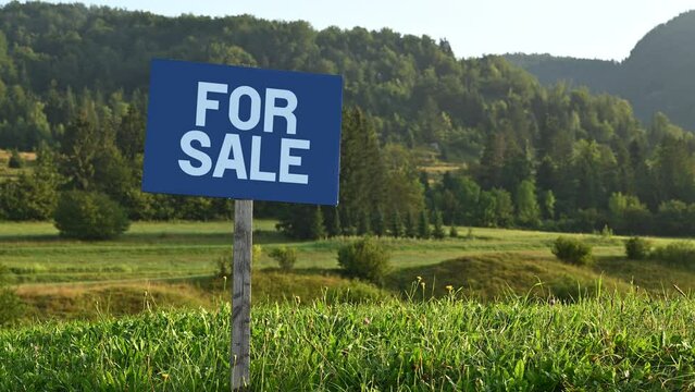 For sale sign in meadow in summer morning