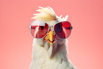 Chick with Attitude: A Creative Animal Concept Featuring a Hen Sporting Sunglasses Against a Solid Pastel Background. A Surreal and Playful Image Ideal for Commercial, Editorial, and Advertisement Use