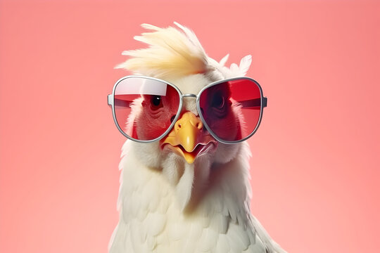 Chick with Attitude: A Creative Animal Concept Featuring a Hen Sporting Sunglasses Against a Solid Pastel Background. A Surreal and Playful Image Ideal for Commercial, Editorial, and Advertisement Use