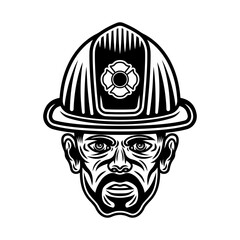 Fireman head in firefighter helmet character vector illustration in monochrome style isolated on white background