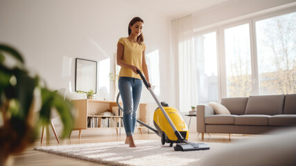 Fototapeta na wymiar Woman housewife cleans her house with a vacuum cleaner
