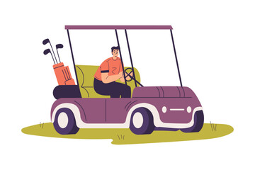 Man Character Golf Playing Ride Car with Golf Clubs on Green Grass Vector Illustration