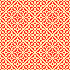 Seamless pattern design . Repeated red figures on yellow background. Symmetric abstract wallpaper. Grid motif. For digital paper, page fills, web desing, surface textures. Vector art illustration