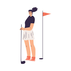 Woman Character Golf Playing Training with Golf Club Vector Illustration
