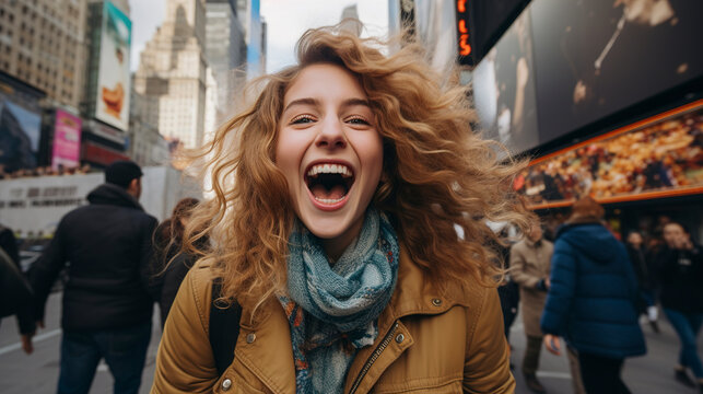 Happy Young Woman Walking  On The Street In New York City. Portrait Of American Young Woman With Curly Hair In New York. New York City Sightseeing Travel Banner.