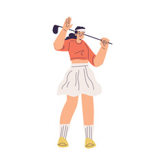 Woman Character Golf Playing Training with Golf Club Vector Illustration