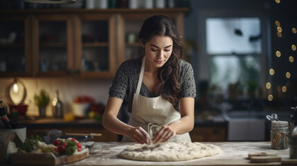 Woman is in the kitchen making pizza dough or bread dough. - obrazy, fototapety, plakaty
