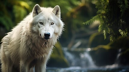 A breathtaking shot of a White Wolf in his natural habitat, showcasing his majestic beauty and strength.