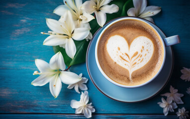 Fototapeta na wymiar Cup of cappuccino coffee, lily flower, heart and inscription Good morning on blue wooden background. Concept - morning of newlyw