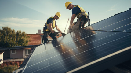 Group of workers install solar panels on top of a building