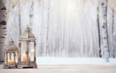 Winter snowy stage background with lantern, wooden floors and Ramadan lights on background, banner layout, copy space