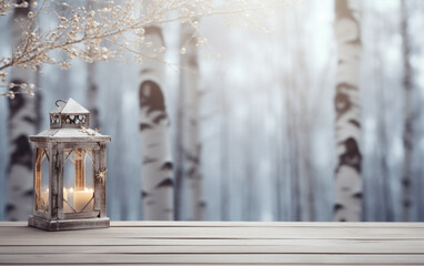 Obraz premium Winter snowy stage background with lantern, wooden floors and Ramadan lights on background, banner layout, copy space