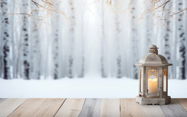 Winter snowy stage background with lantern, wooden floors and Ramadan lights on background, banner layout, copy space