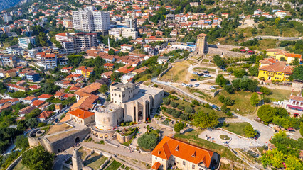 Aerial drone view of Kruje Castle and its fortress, inside the Kruje tower and museum with the...
