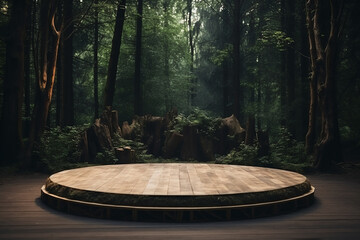 Cosmetics product advertising stand exhibition wooden podium on green background with leaves and shadows