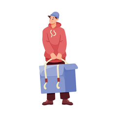 Goods Delivery with Man Carrier or Courier in Cap Working Carry Bag Vector Illustration