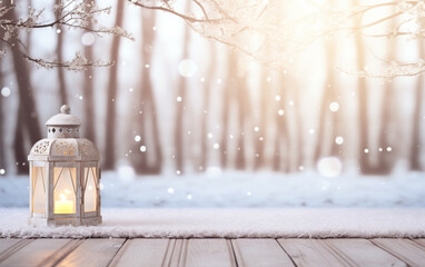 Winter snowy stage background with lantern, wooden floors and Ramadan lights on background, banner layout, copy space