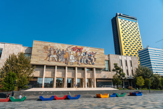Beautiful painting of the revolution at the entrance to the National Historical Museum in Skanderbeg Square in Tirana. Albania