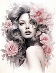 Grayscale portrait of a beautiful woman with red roses