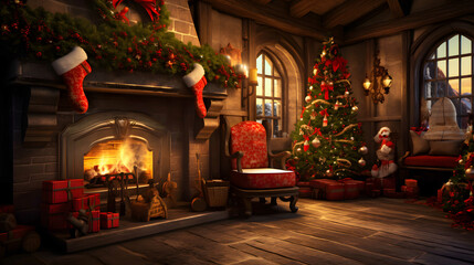 Fototapeta na wymiar Christmas living room interior with fireplace and christmas tree. 3D rendering.