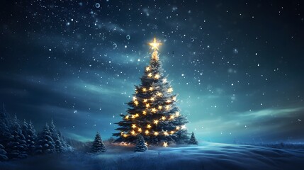 Fantastic winter landscape with christmas tree. 3D rendering. Christmas background with christmas tree, snow and stars. Beautiful christmas night.	