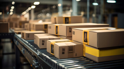 Boxes on conveyor belt in warehouse. Closeup of multiple cardboard box packages seamlessly moving along a conveyor belt in a warehouse fulfillment center.