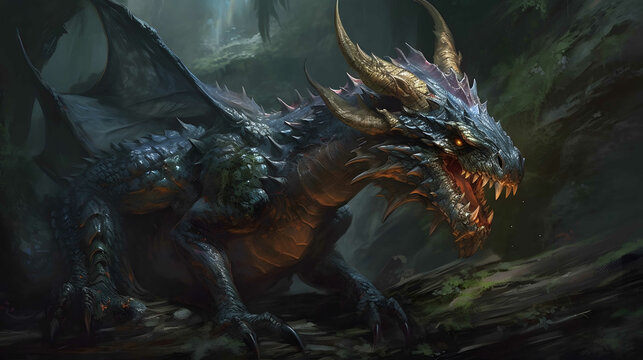 Fantasy dragon with bared teeth. Mythology creature.