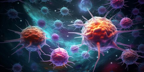 3d illustration of cancer cells. Cancer disease concept. Many cancer tumours. 