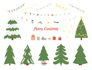 Christmas objects collection. Set with toys, gift boxes, balls, garlands, xmas trees. Vector illustration. Flat style.