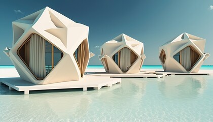 Sea view White wood cube houses futuristic water huts Maldives island Ai generate