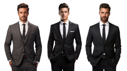 Three person dressed in business attire, standing confidently against a transparent backdrop, ideas for inserting branding and marketing materials. Generative Ai