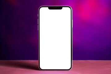 Smartphone on a generic blurred purple background. Phone screen is transparent cut out for customization.