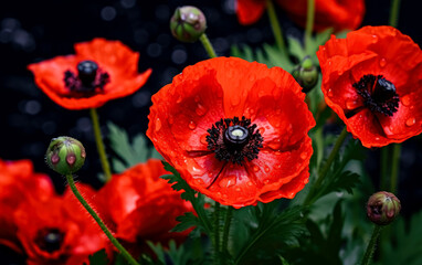 Orange poppy flower in the spring , dark green and red, flower on black background.