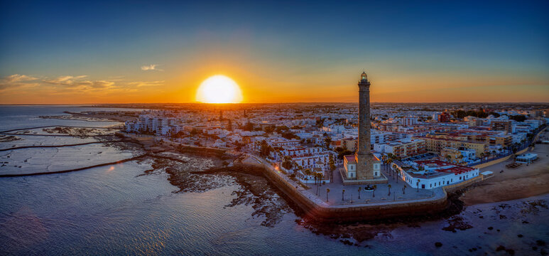 Drone view of the Chipiona lighthouse at dawn in the province of Cadiz.