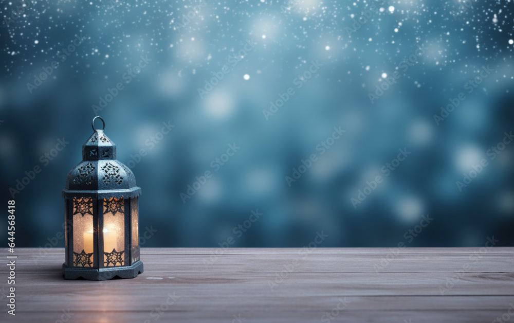 Wall mural winter snowy stage background with lantern, wooden floors and ramadan lights on blue background, ban