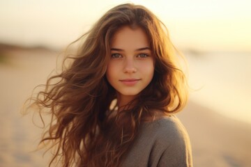 Fototapeta premium Portrait of a beautiful woman in beach, generated by AI